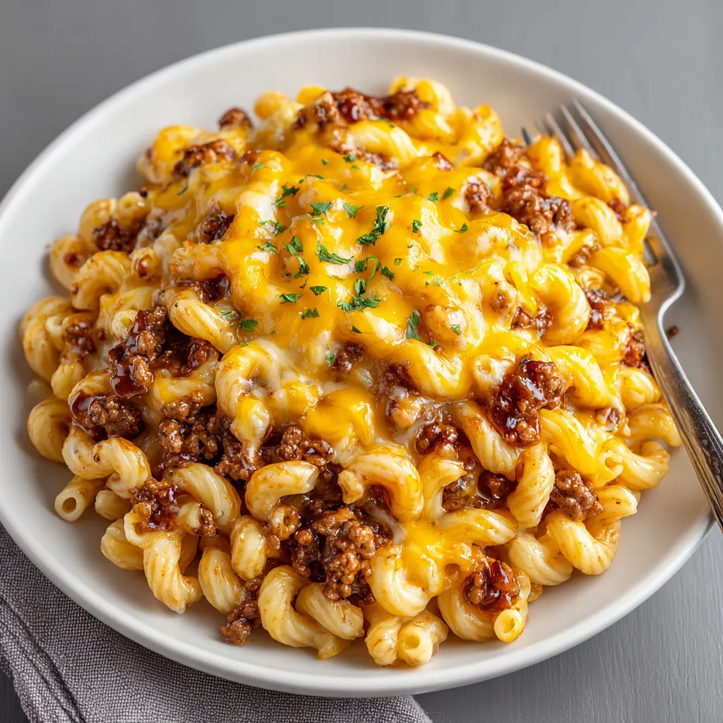 A plate of macaroni and cheese.