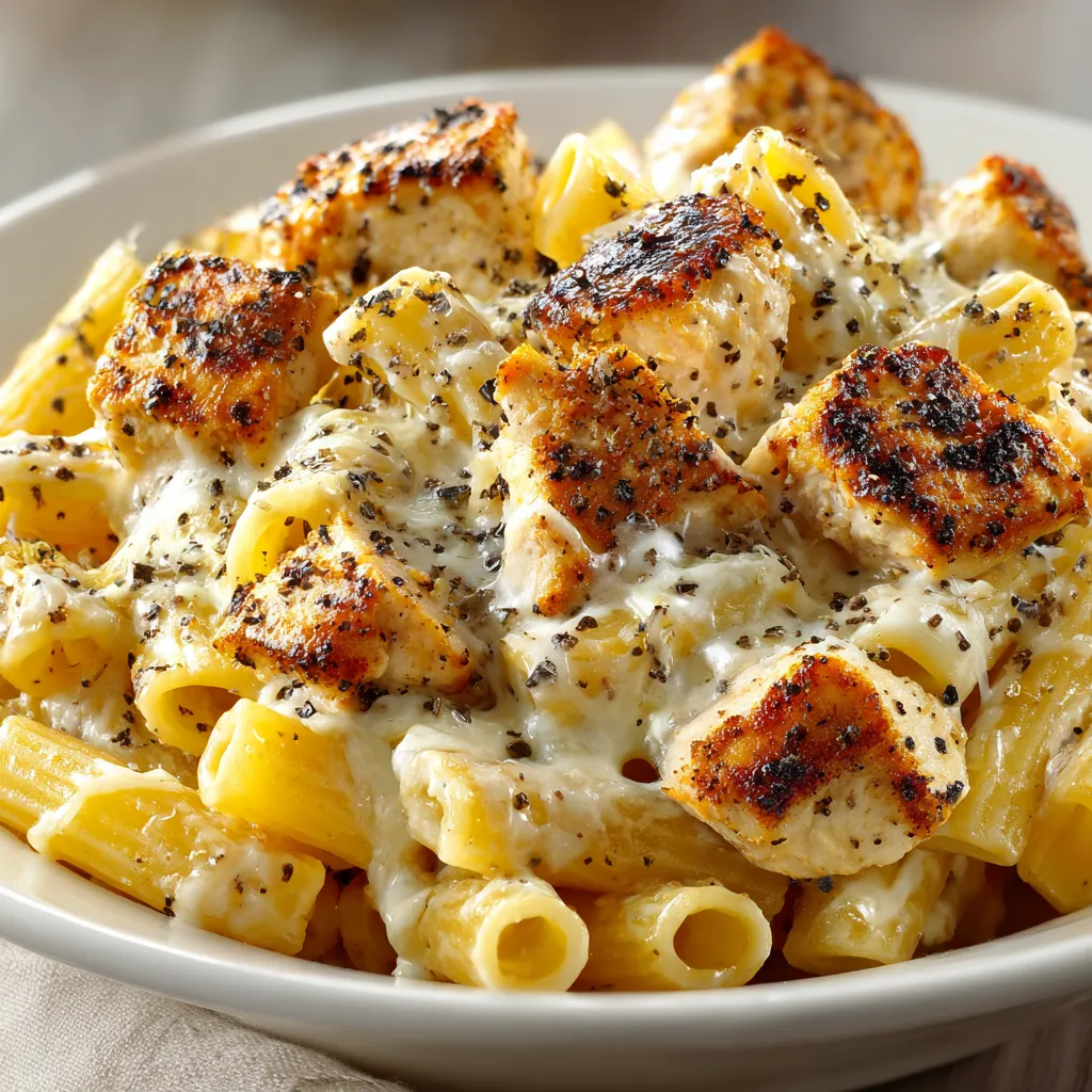 A bowl of creamy chicken and cream cheese pasta.