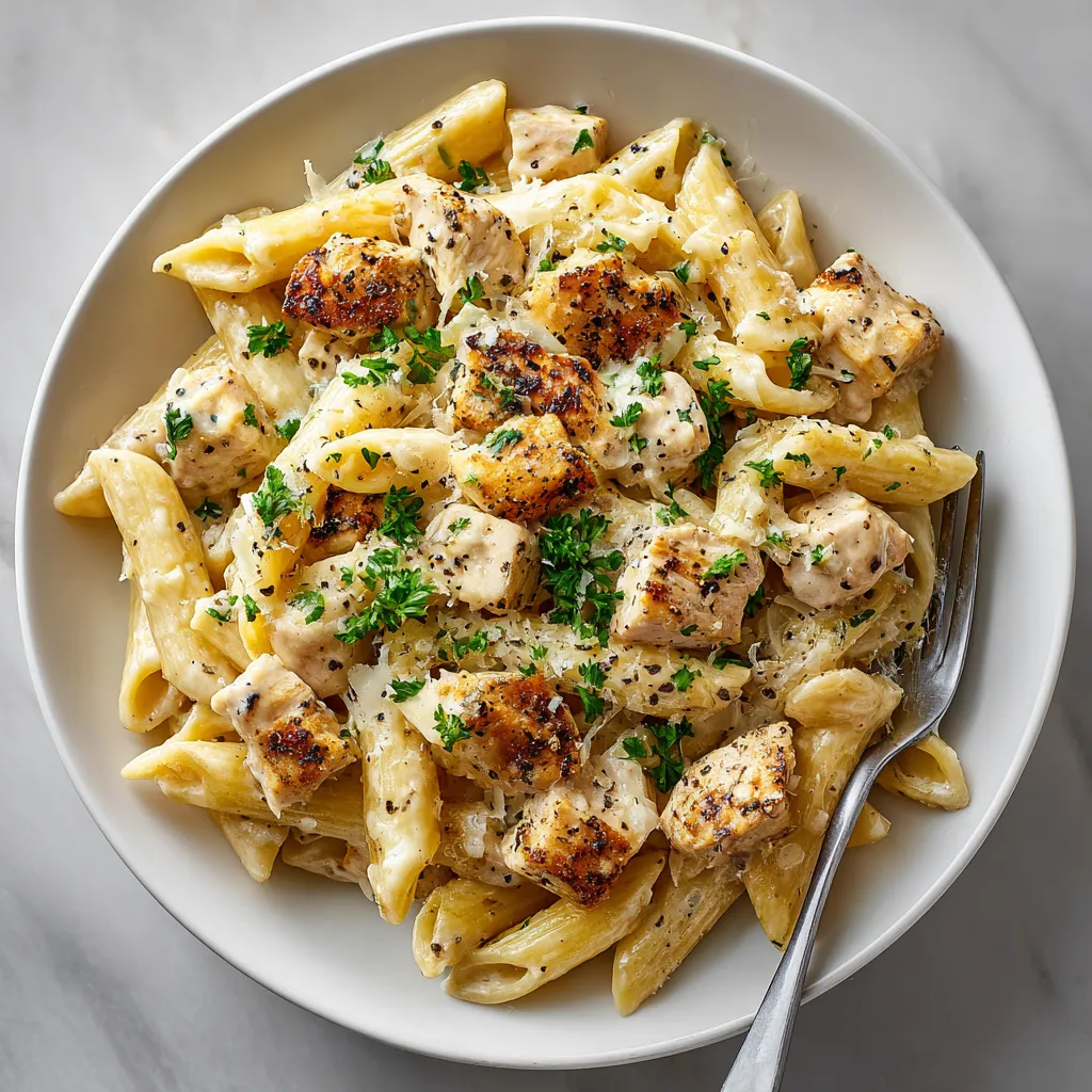 A plate of pasta with chicken and cheese.