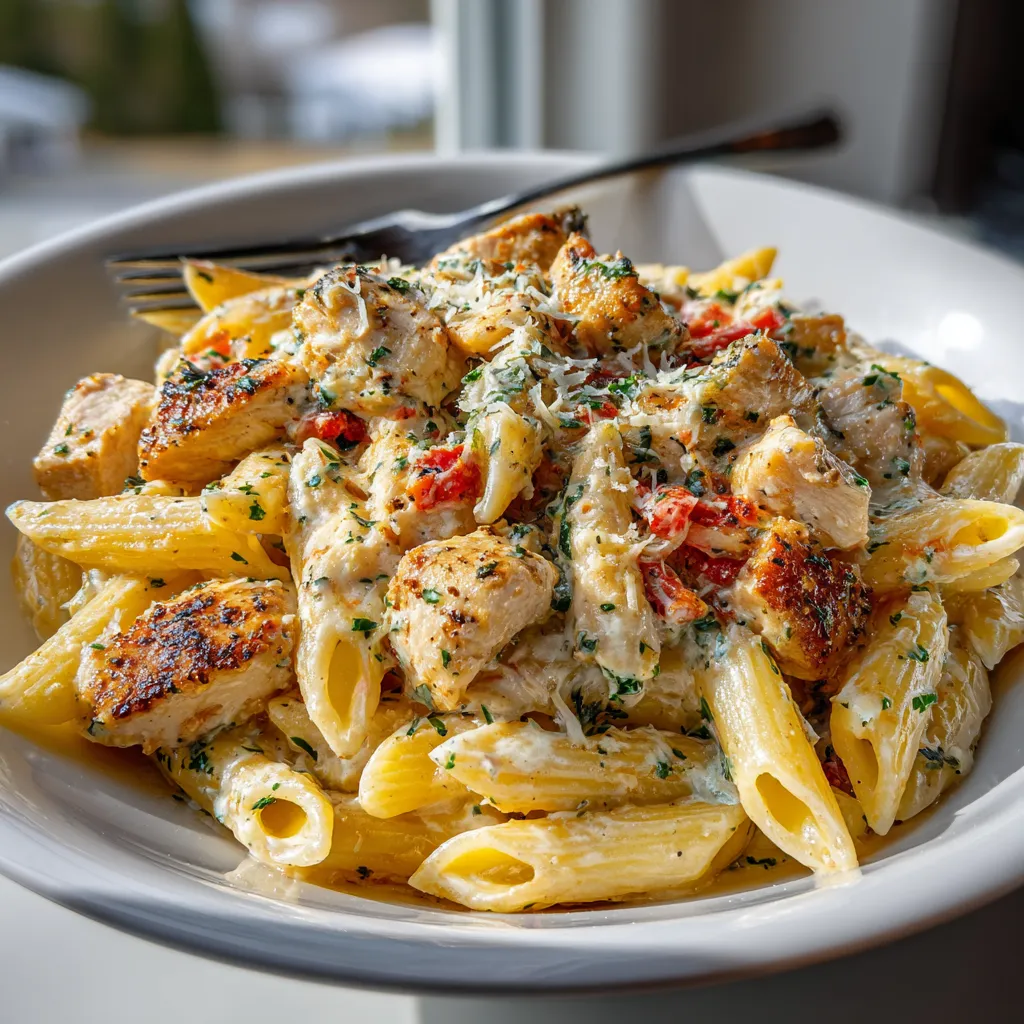 A plate of pasta with chicken and cheese.