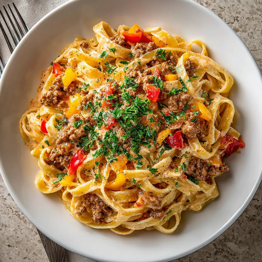 A plate of pasta with meat and vegetables.