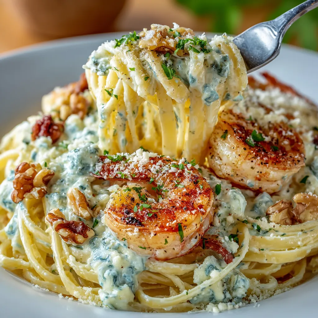 A plate of shrimp and pasta with a fork on it.