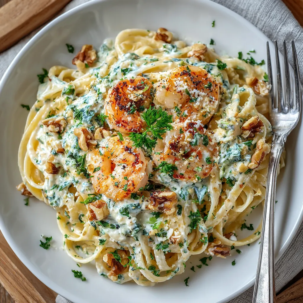 A plate of pasta with shrimp and spinach.