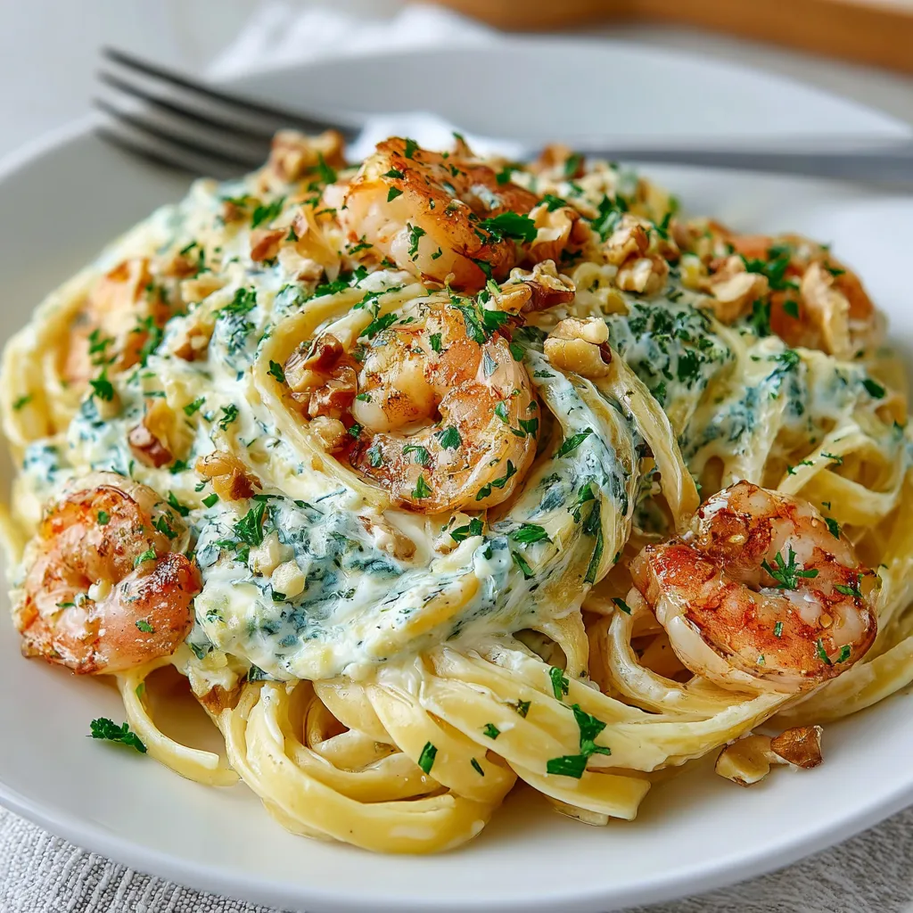 A plate of pasta with shrimp and spinach.