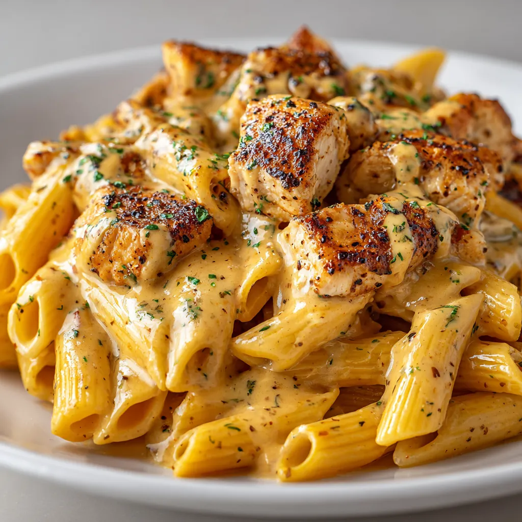A plate of pasta with chicken and honey mustard sauce.