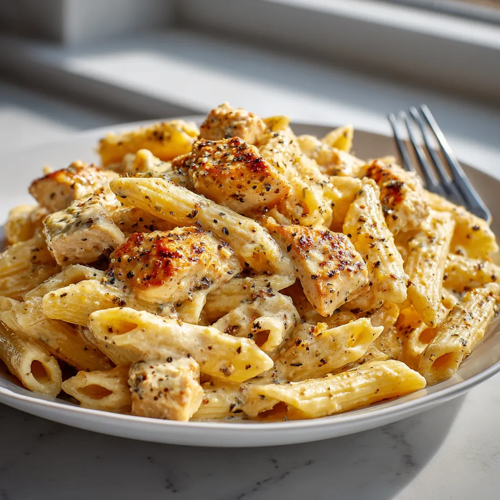 A plate of pasta with chicken and pepper.