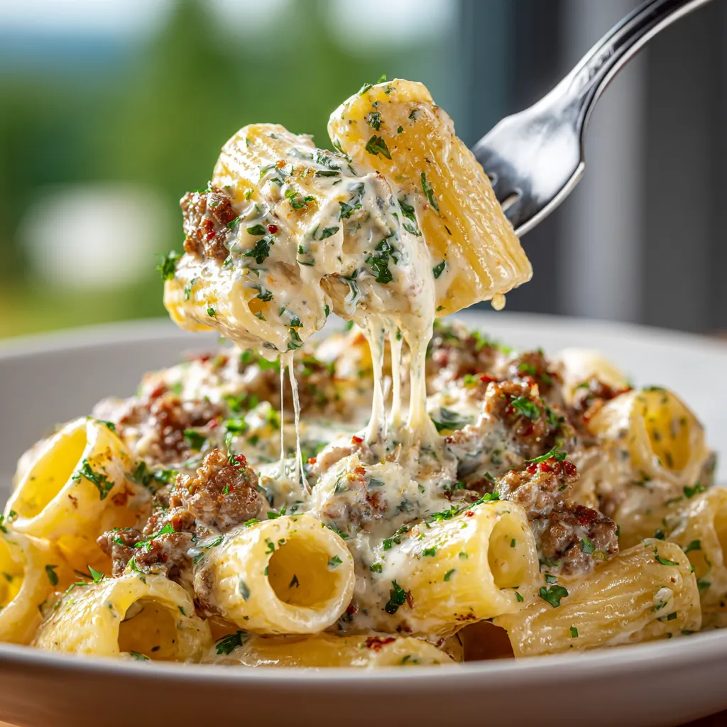 A plate of creamy horseradish beef rigatoni.