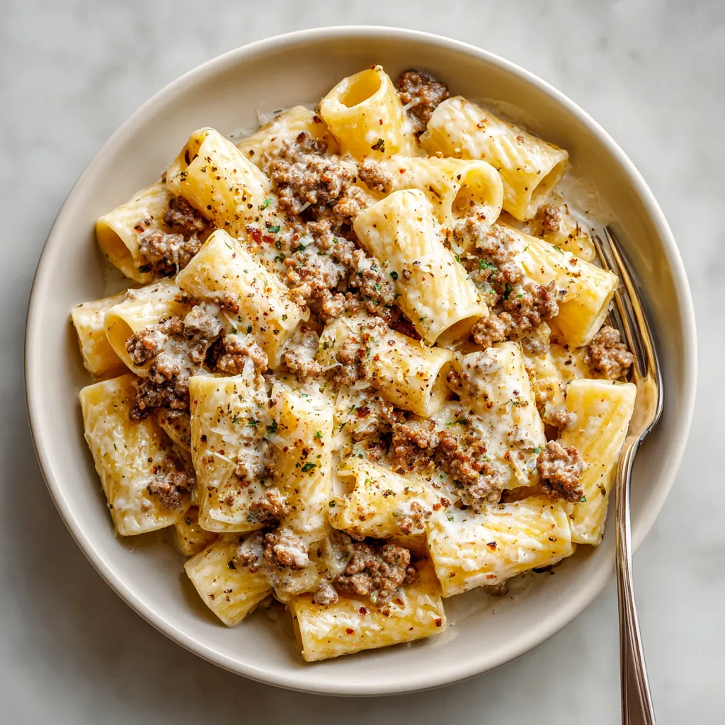A bowl of pasta with meat and cheese.