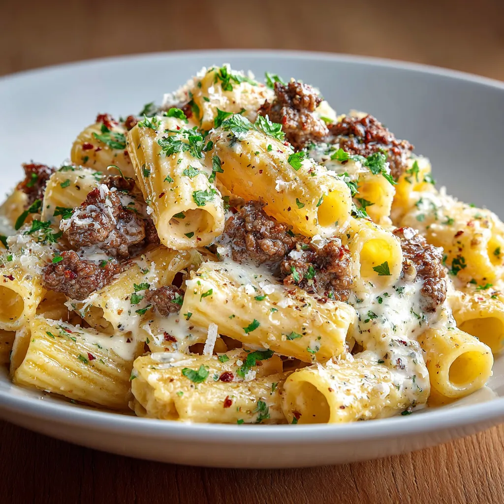 A plate of pasta with meat and cheese.