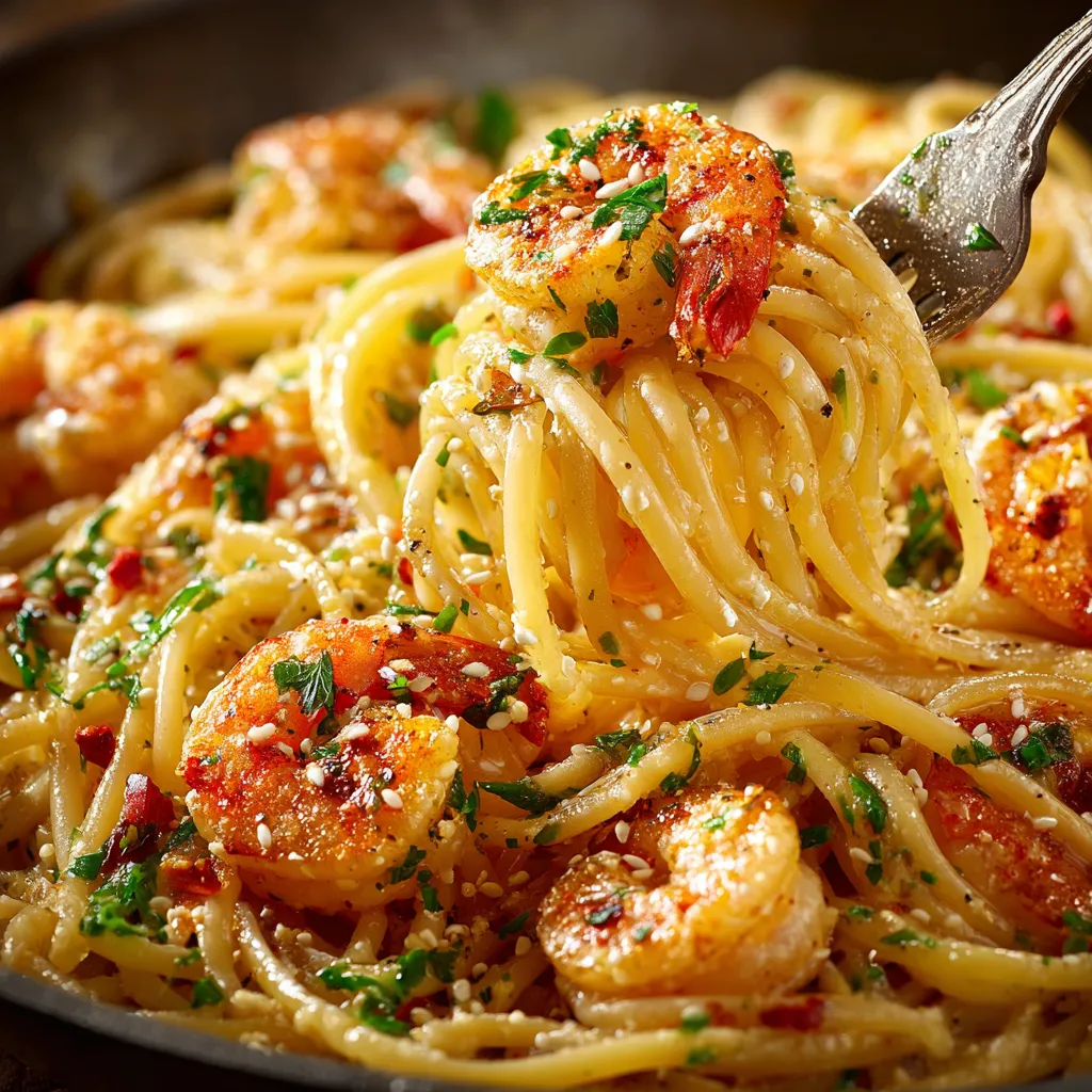 A bowl of creamy orange-ginger shrimp pasta.