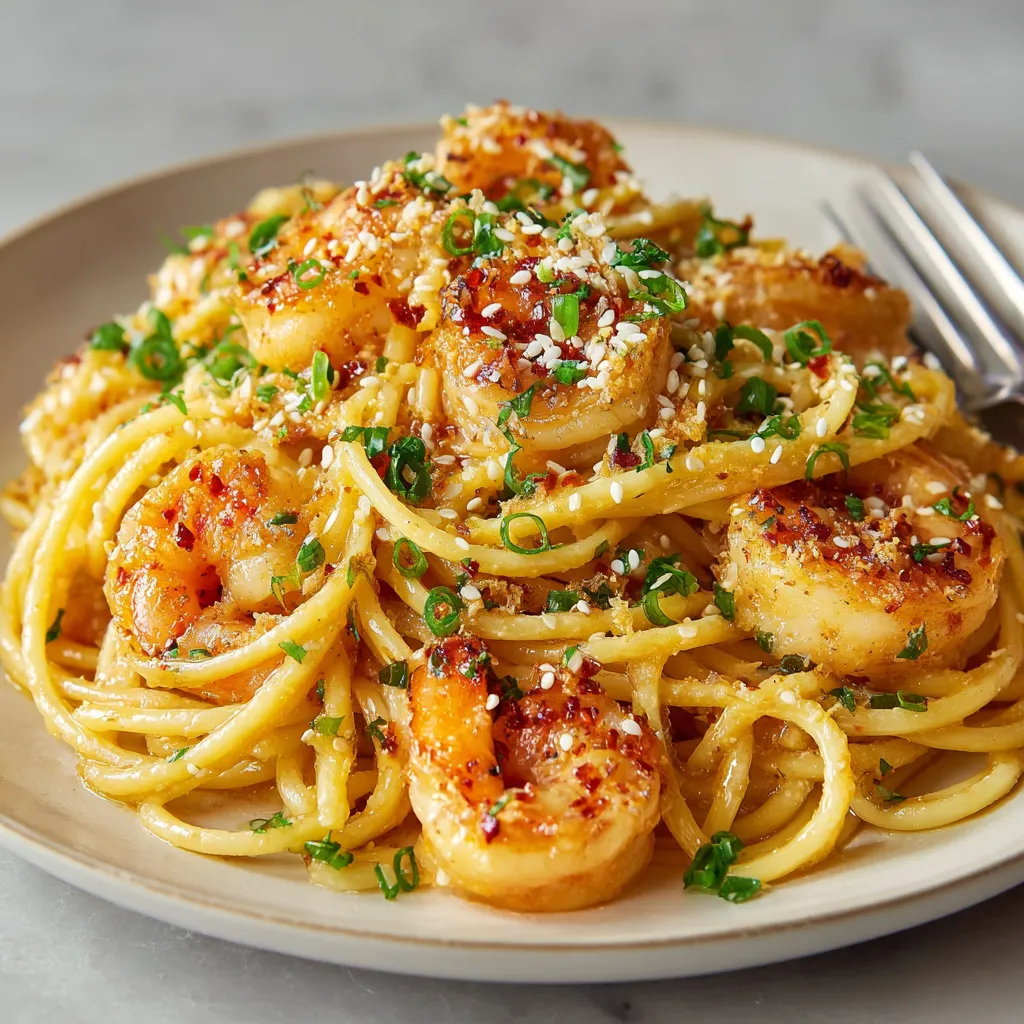 A plate of shrimp and pasta.