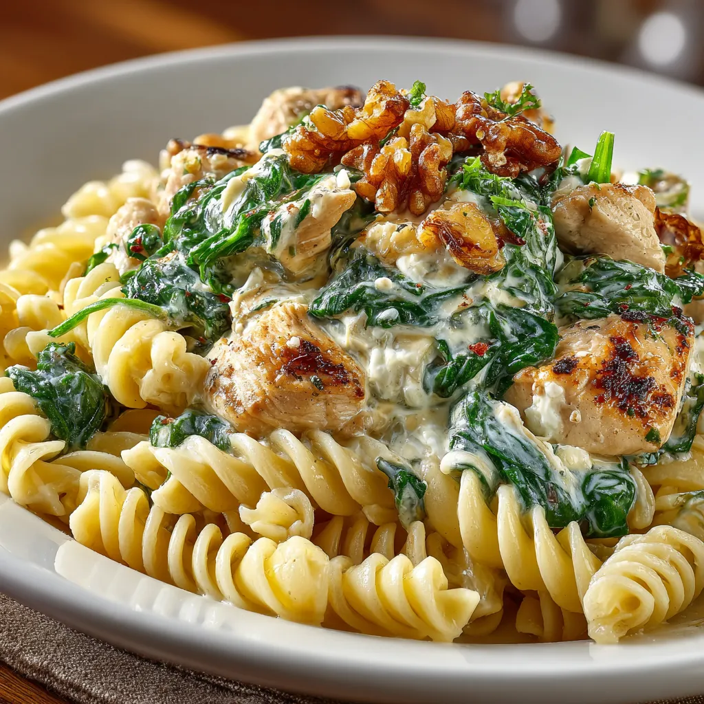 A plate of pasta with chicken and spinach.