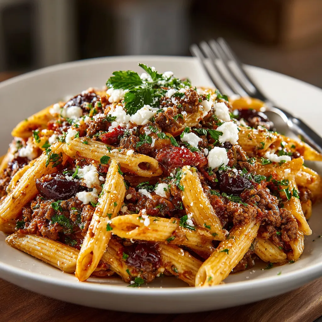 A plate of pasta with meat and cheese.