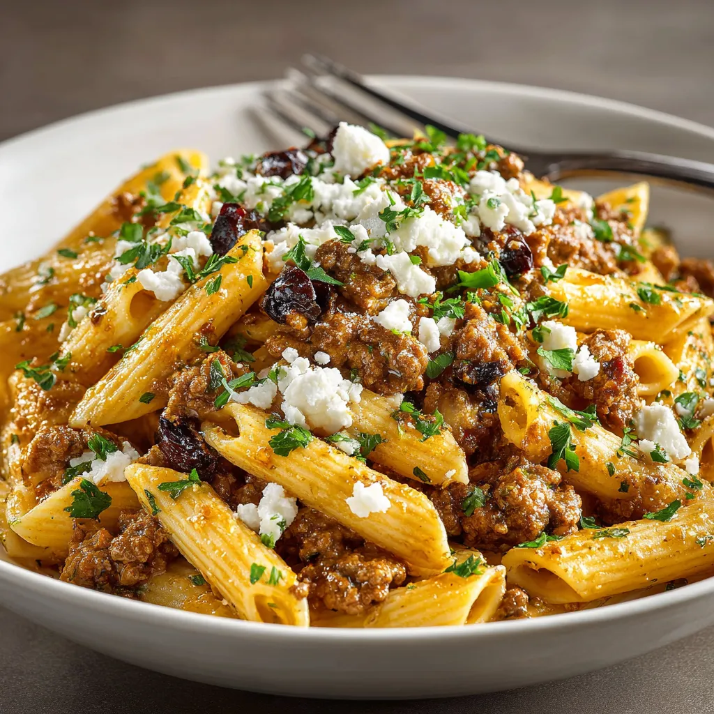 A bowl of pasta with meat and cheese.