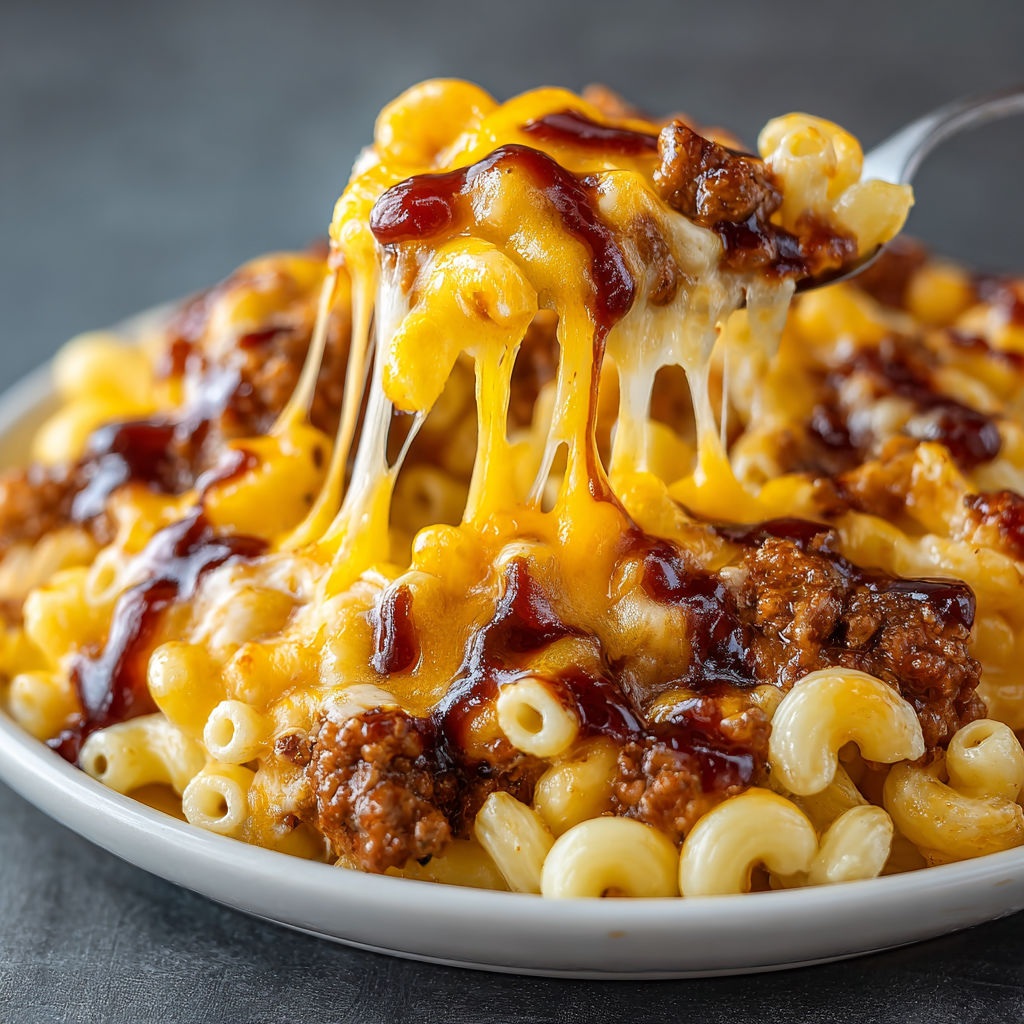 A plate of macaroni and cheese with barbecue beef.