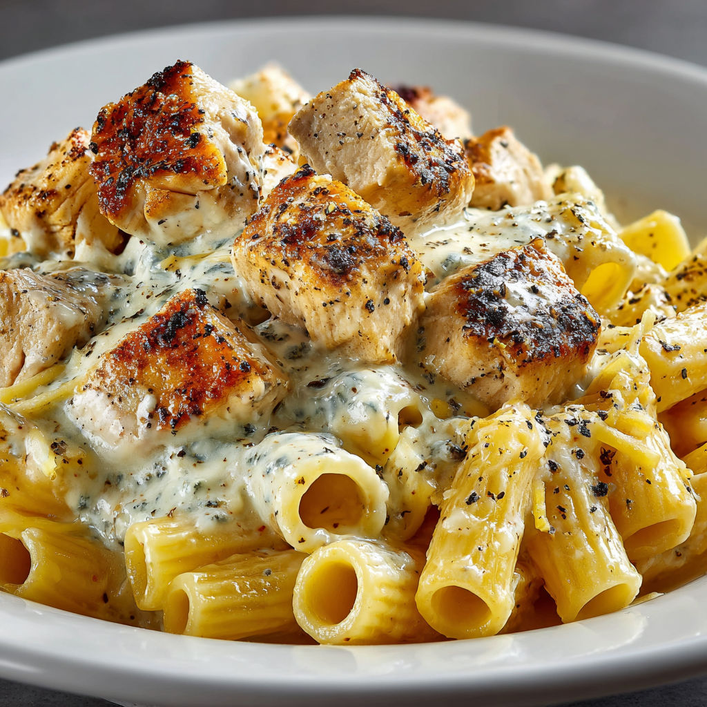 A plate of pasta with chicken and cream cheese.