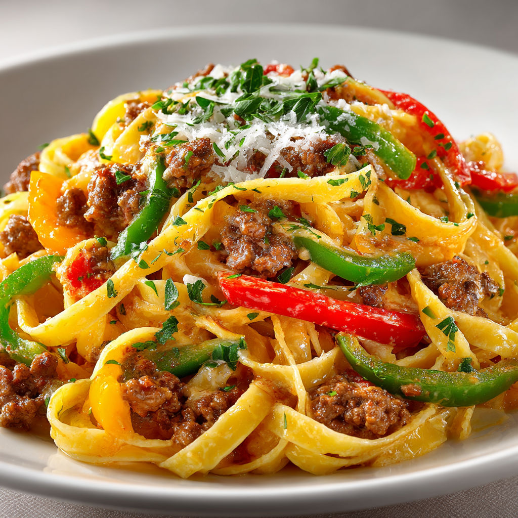A plate of pasta with peppers and meat.