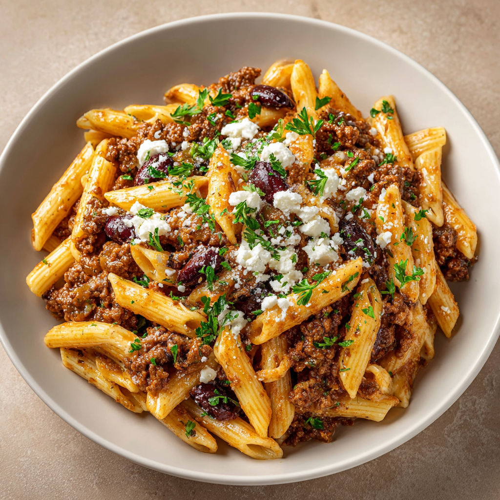 A bowl of pasta with beef and cheese.