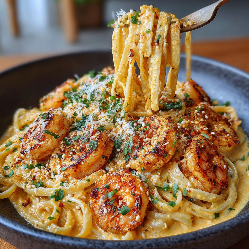A bowl of creamy orange-ginger shrimp pasta.