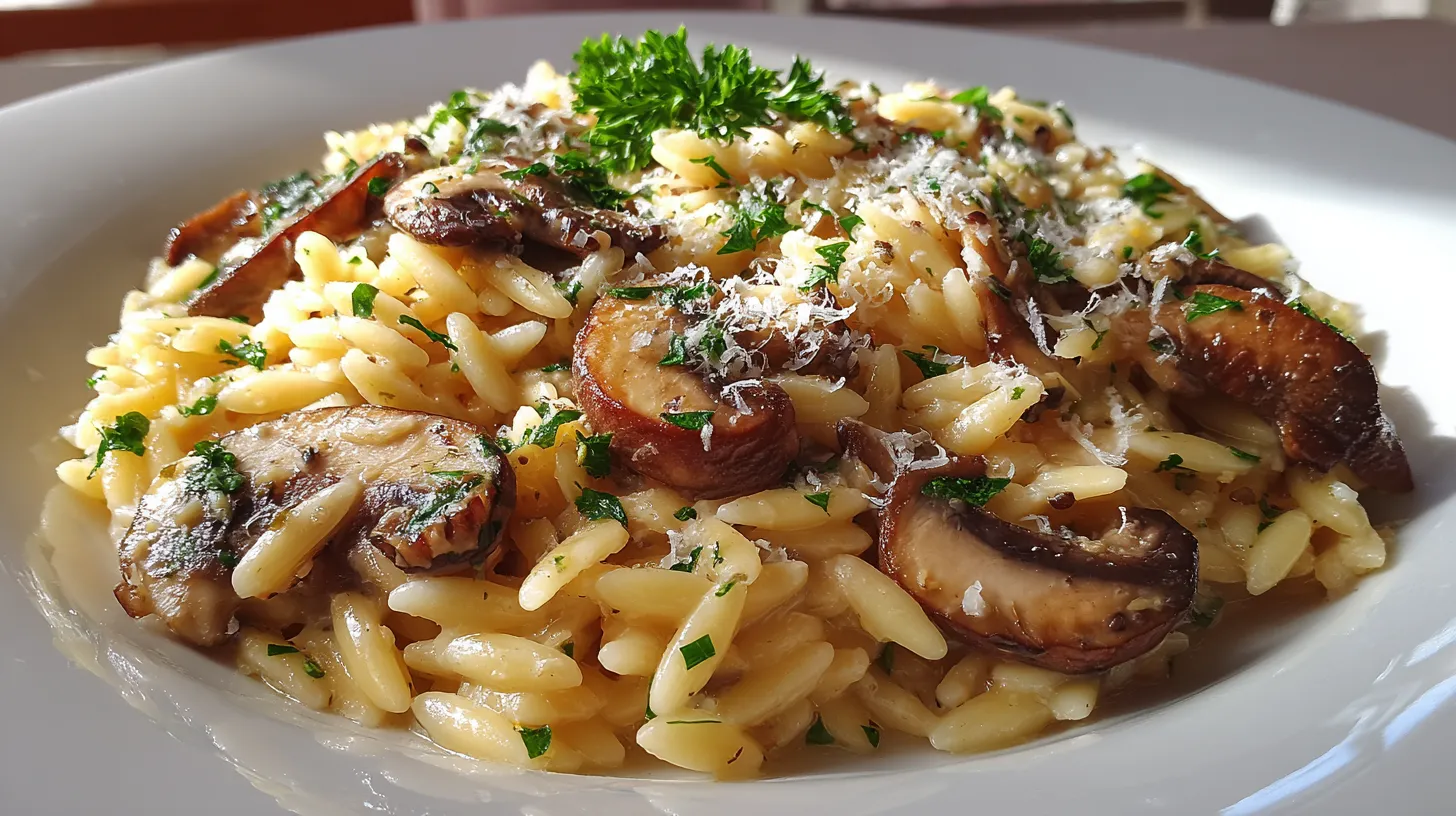A plate of pasta with mushrooms and cheese.