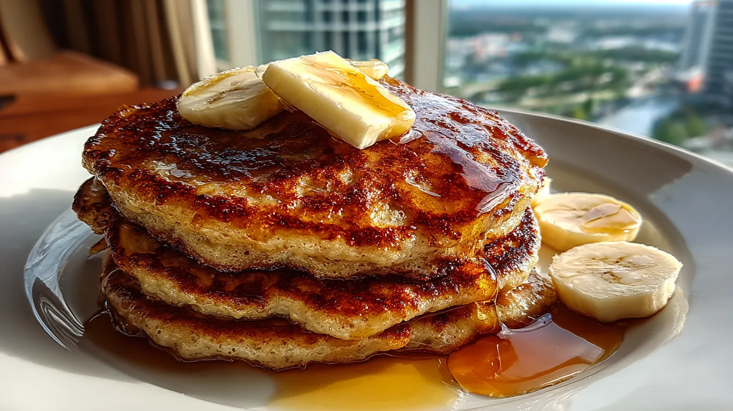 A stack of pancakes with bananas on top.