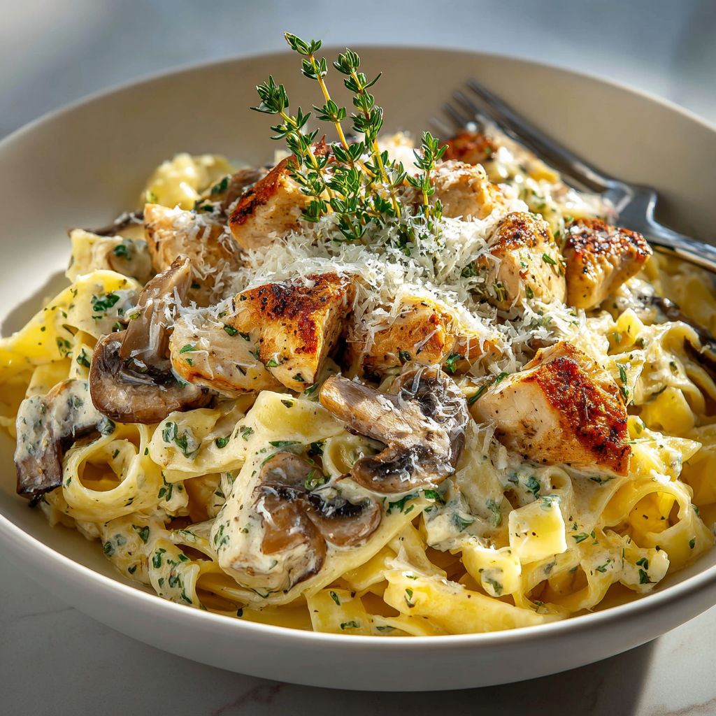 A bowl of pasta with chicken and mushrooms.