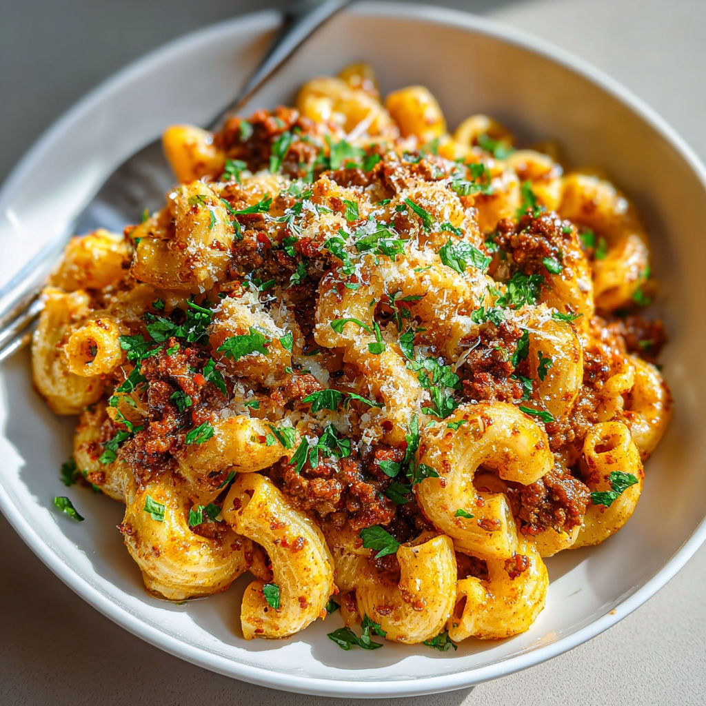 A bowl of pasta with meat and cheese.