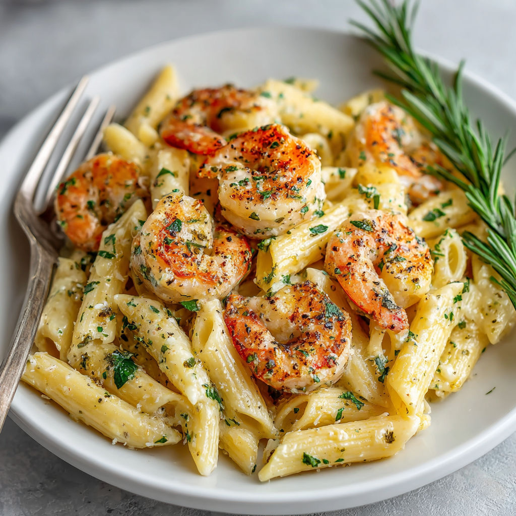 A plate of pasta with shrimp and herbs.