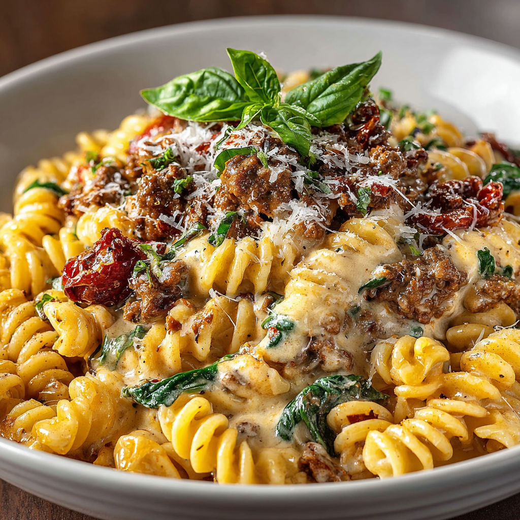 A bowl of pasta with meat and cheese.