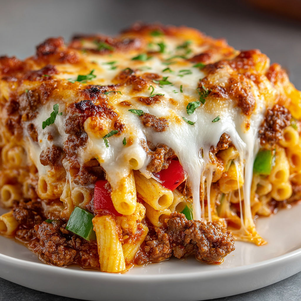 A plate of food with a green pepper pork pasta bake.