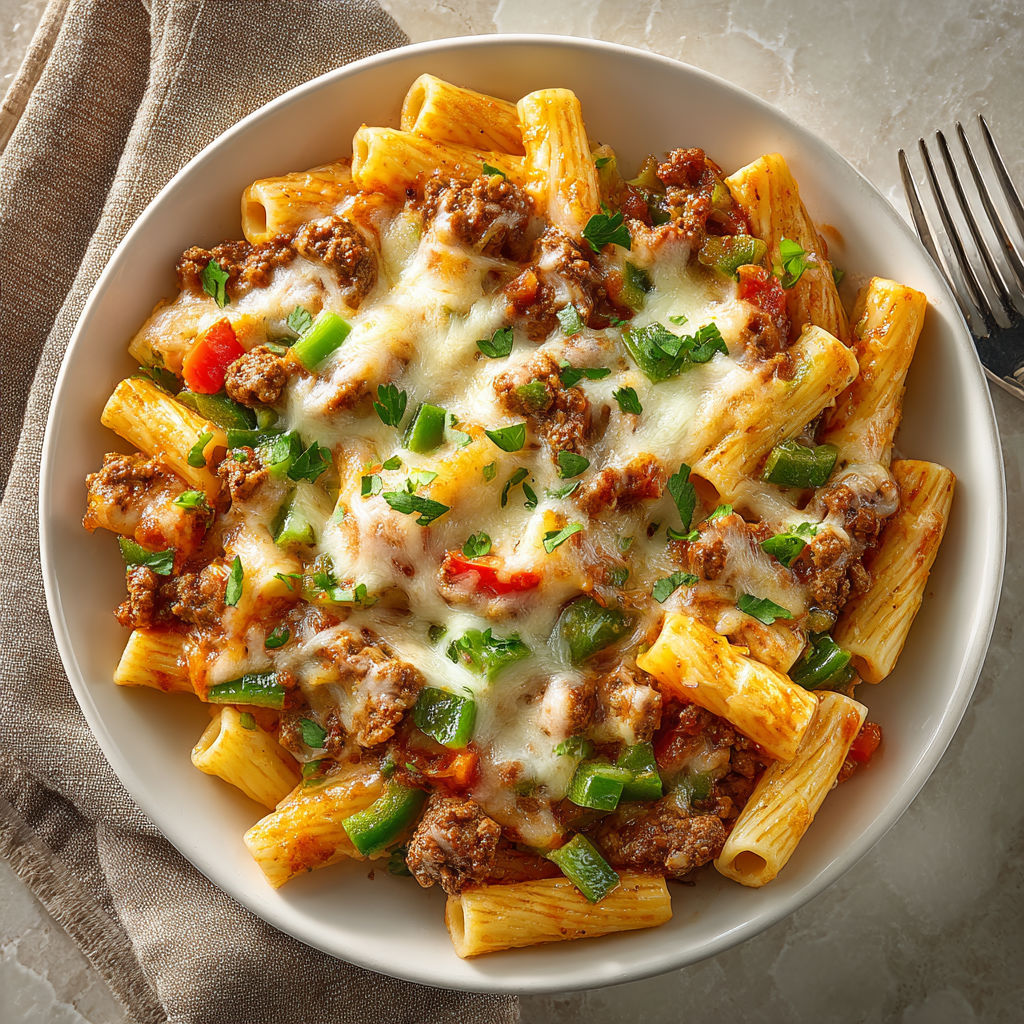 A plate of pasta with meat and cheese.
