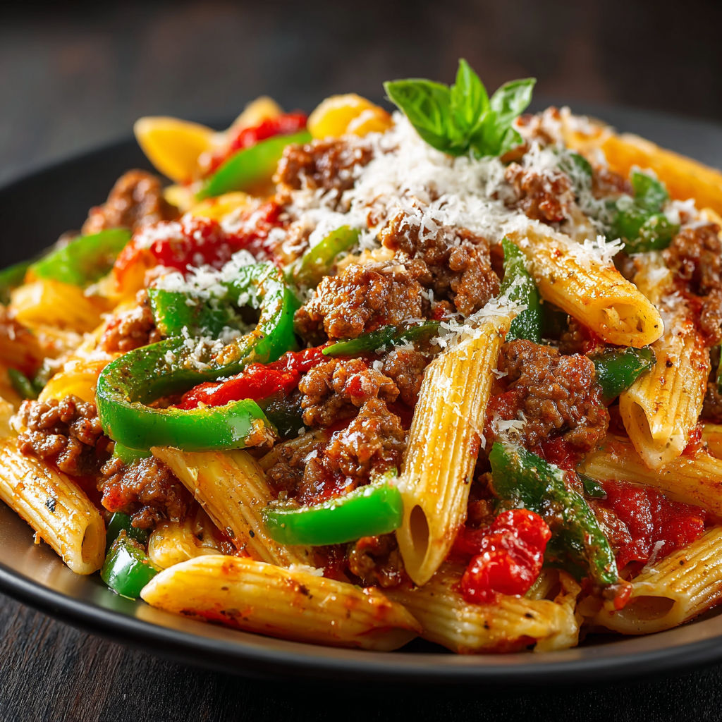 A plate of pasta with meat and green peppers.