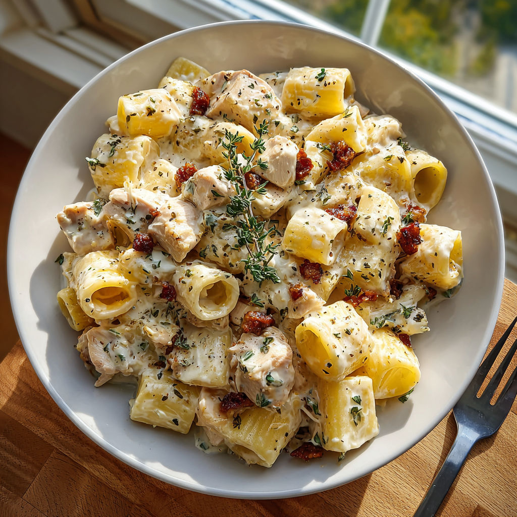 A bowl of creamy brie chicken rigatoni.