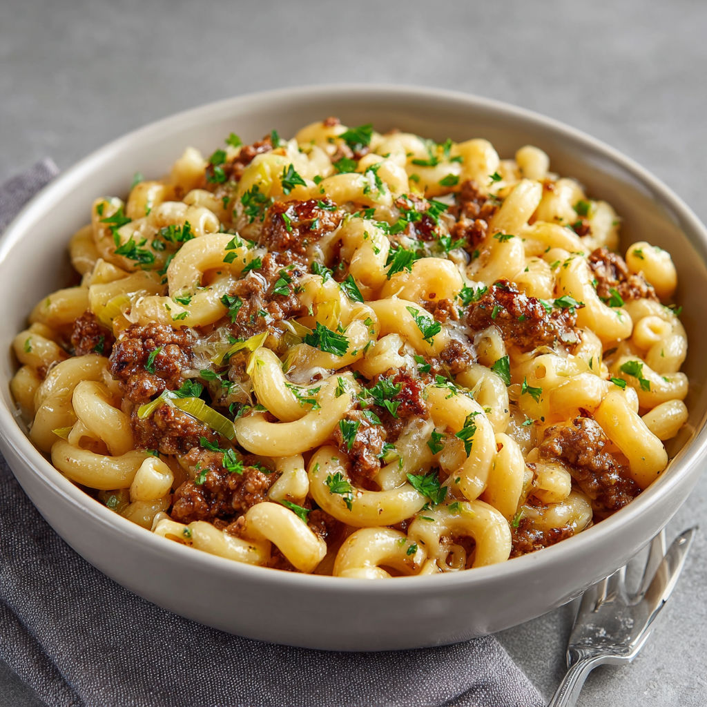 A bowl of beef macaroni with leeks.