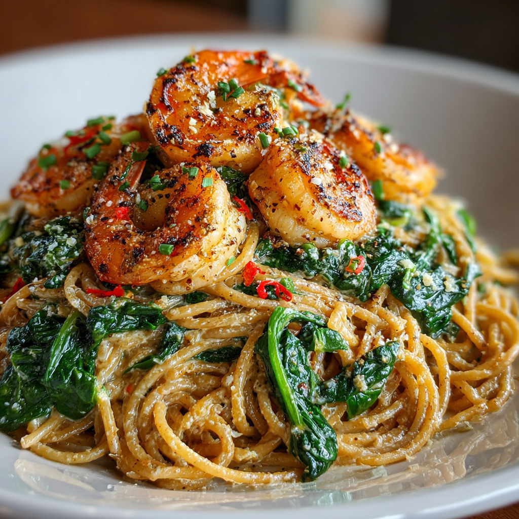 A plate of pasta with shrimp and greens.