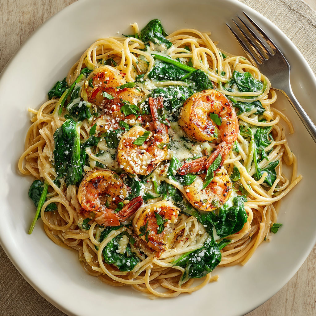 A plate of pasta with shrimp and spinach.