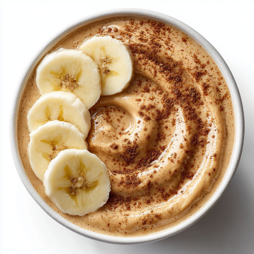 A bowl of peanut butter banana protein smoothie.