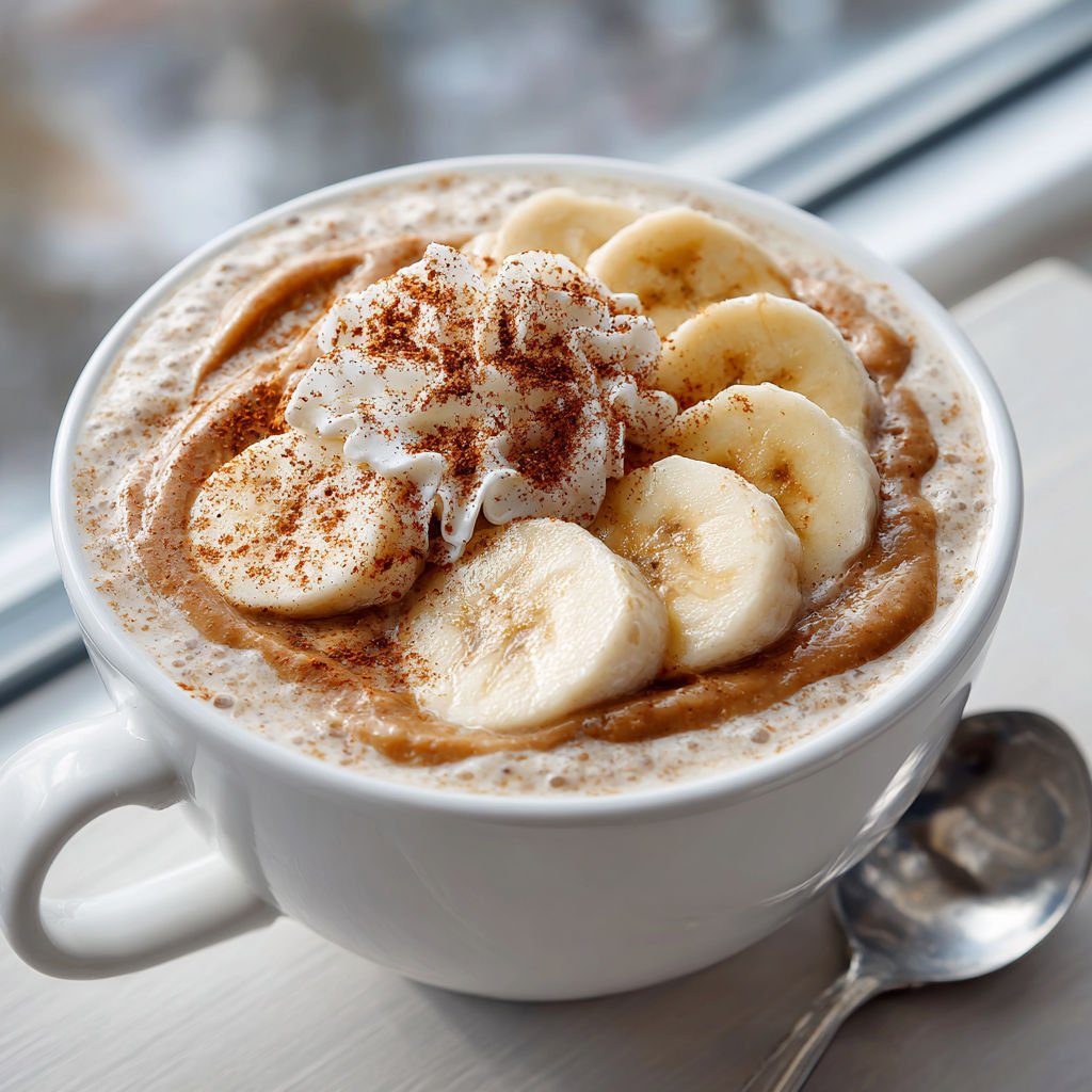 A cup of food with bananas and whipped cream.