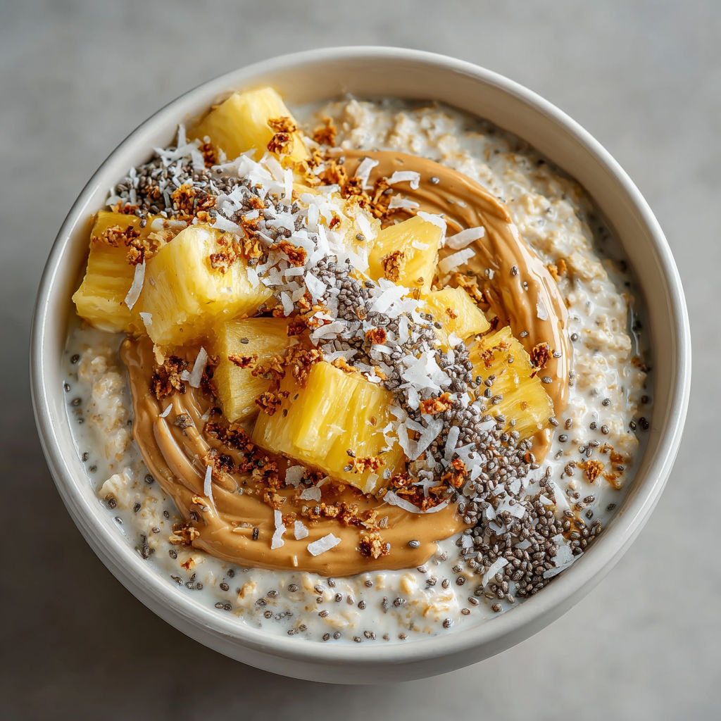 A bowl of cereal with pineapple and coconut.