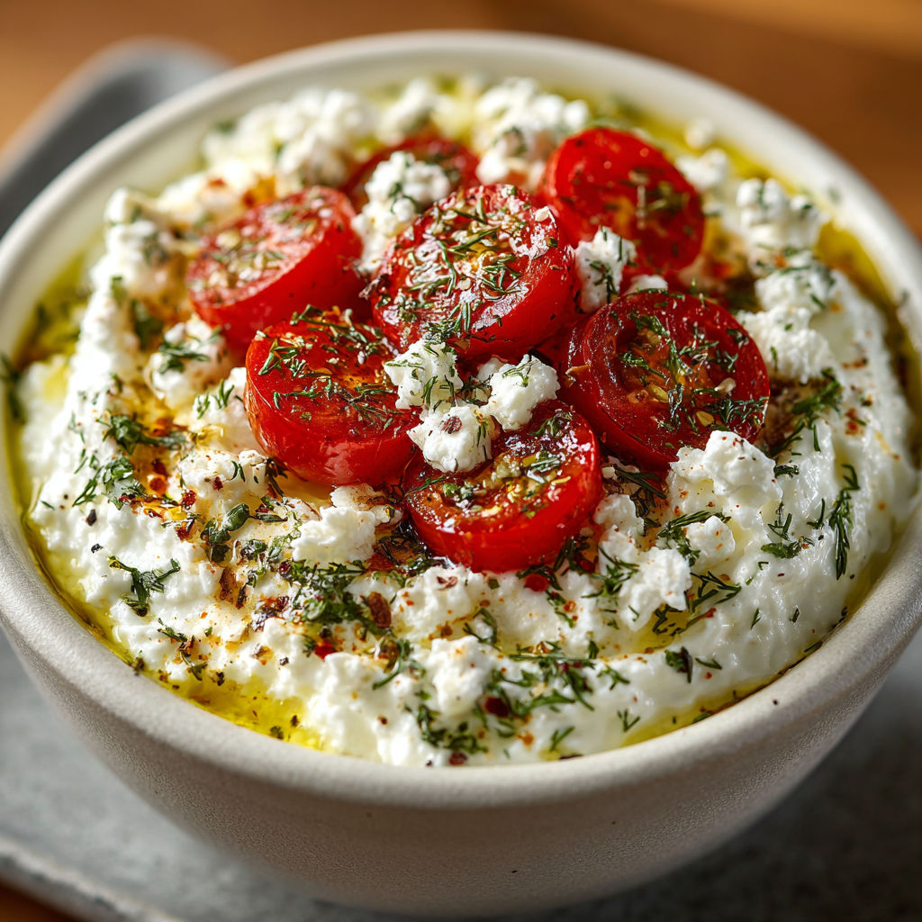A bowl of food with tomatoes and cheese.