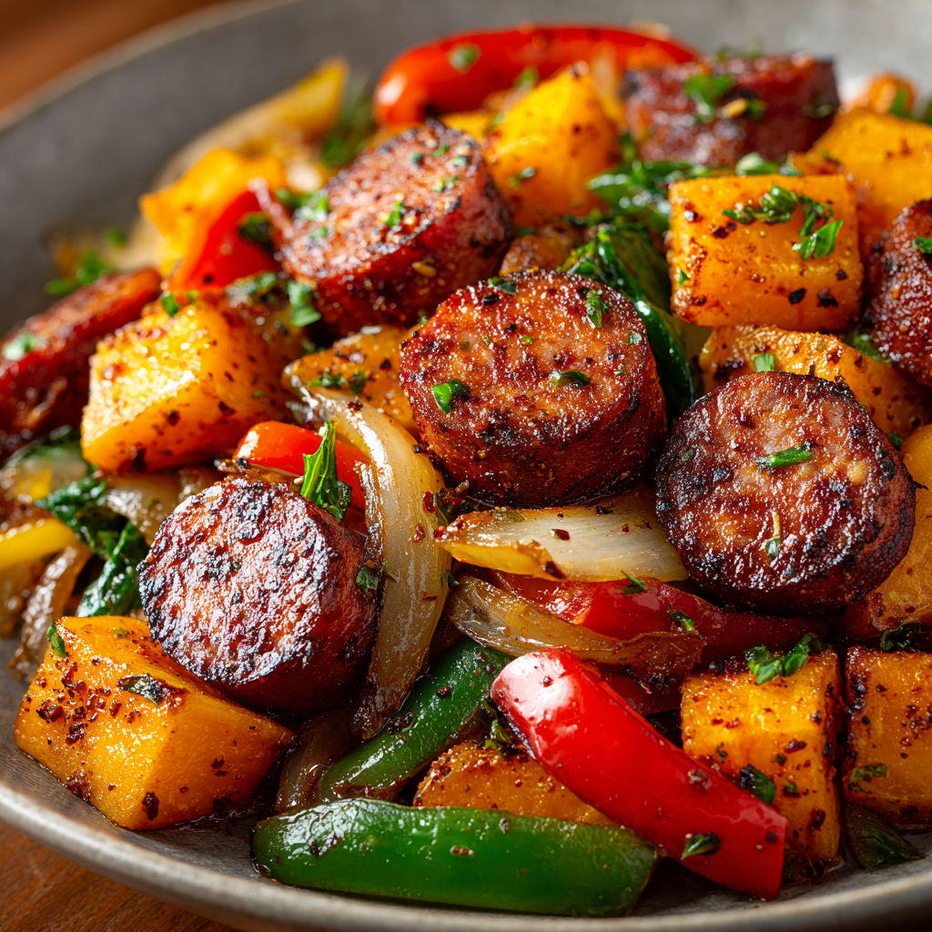 A bowl of Sweet Potato & Cajun Sausage Hash.