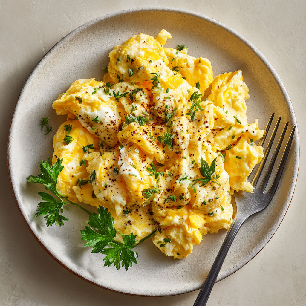 A plate of scrambled eggs with herbs and garlic.