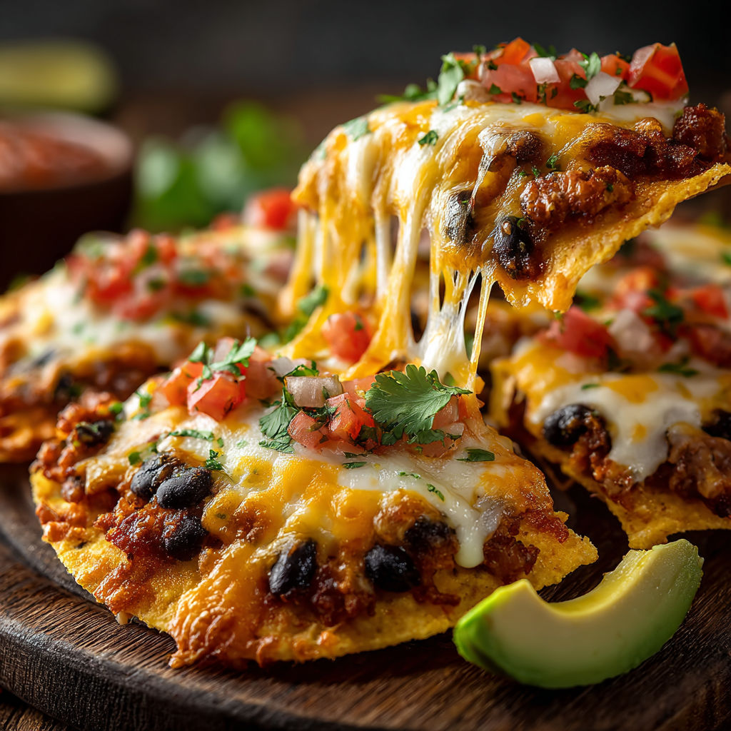 A plate of nachos with cheese and tomatoes.