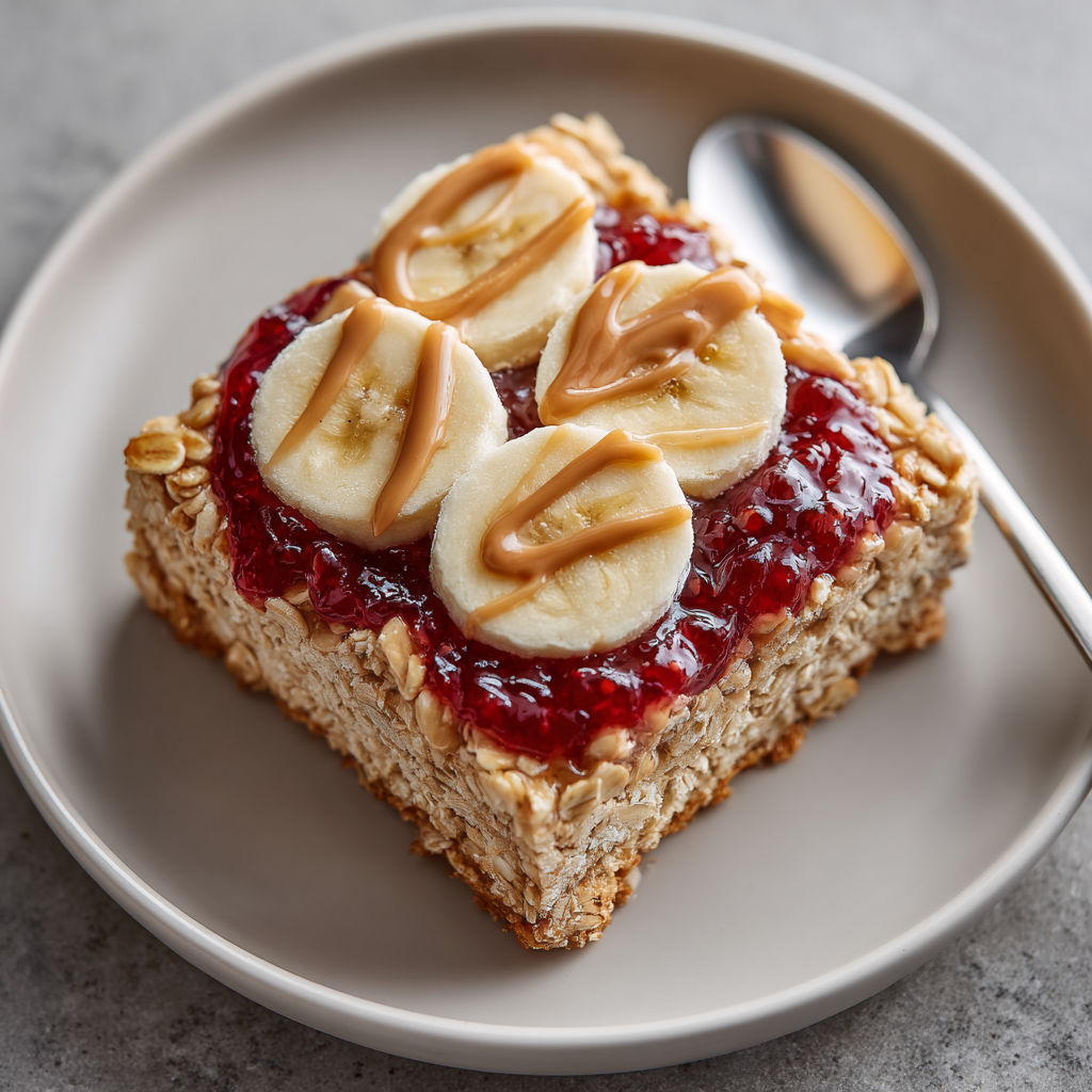 A slice of peanut butter and jelly baked oatmeal.