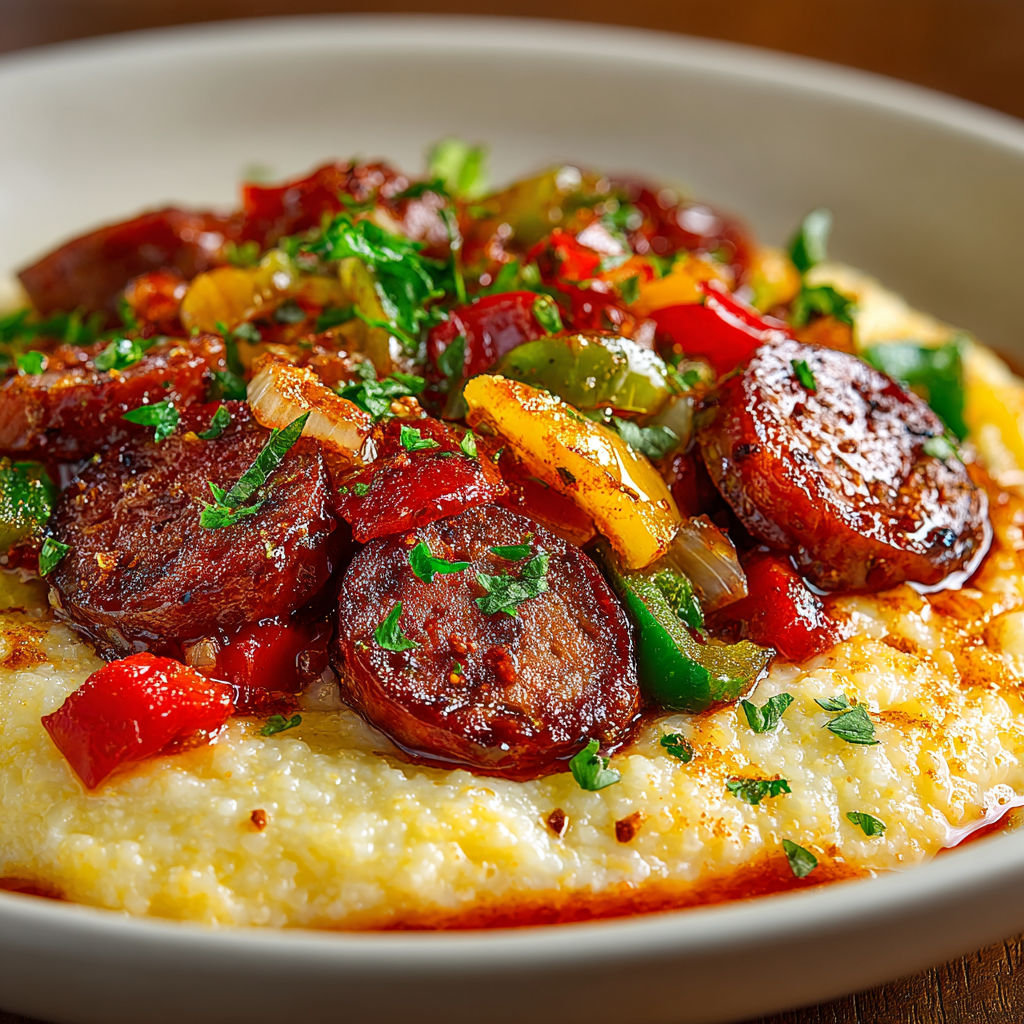 A plate of food with sausage, peppers, and onions.