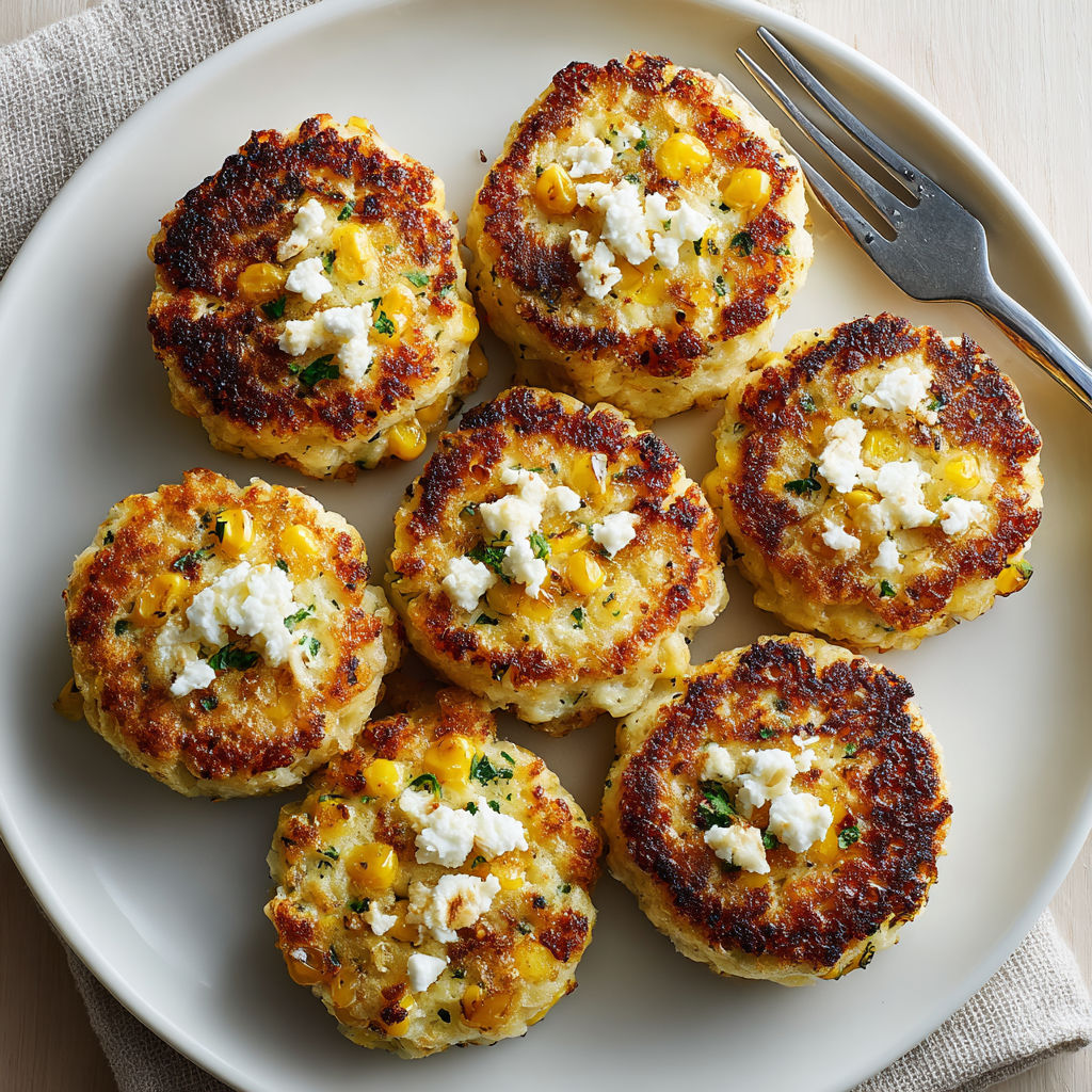 A plate of savory corn and feta pancakes.