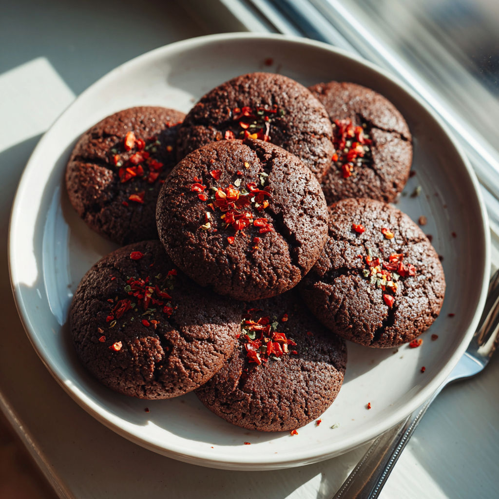 A plate of chocolate cookies with red peppers on top.