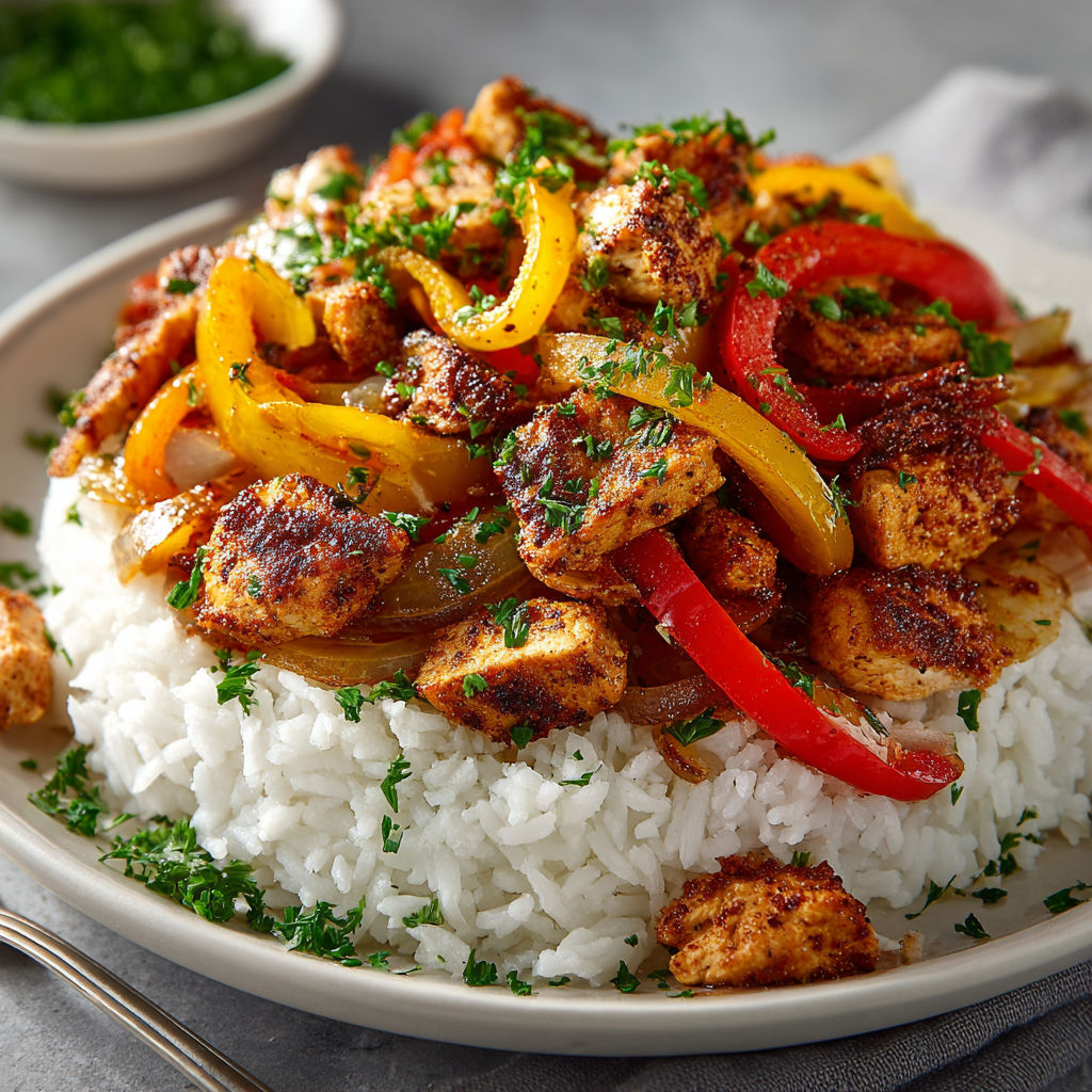 A plate of Cajun Chicken Skillet Stir-Fry.