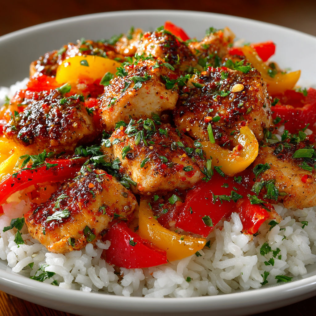 A bowl of Cajun chicken stir-fry with rice.