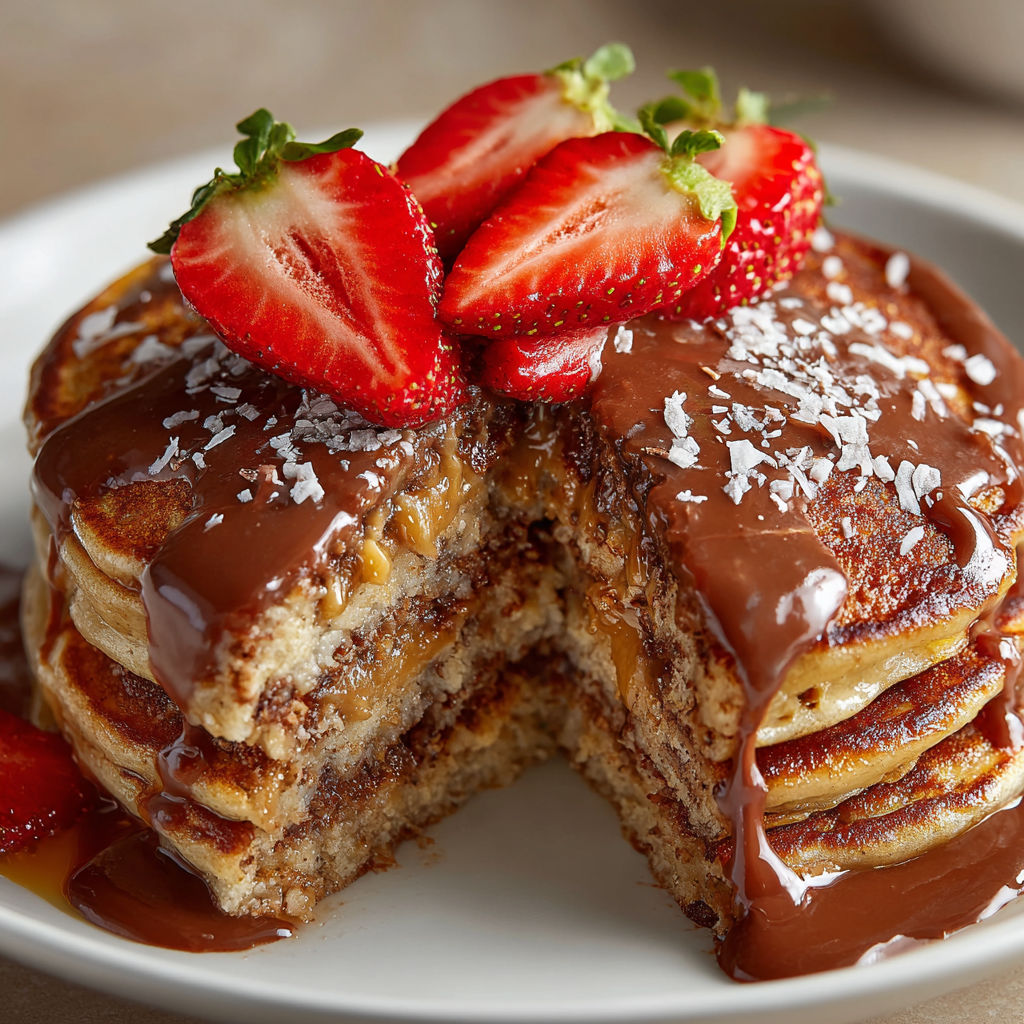 A plate of banana chocolate pancakes with chocolate drizzled on top.